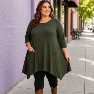 Forever Rose Women's 3X Olive Green Swing Dress Plus Boho Soft Artsy Lagenlook